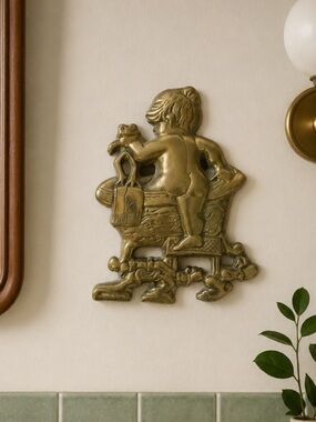 Vintage‎ Brass Child Bath Frog Wall Plaque Nursery Bathroom Decor Mid Century